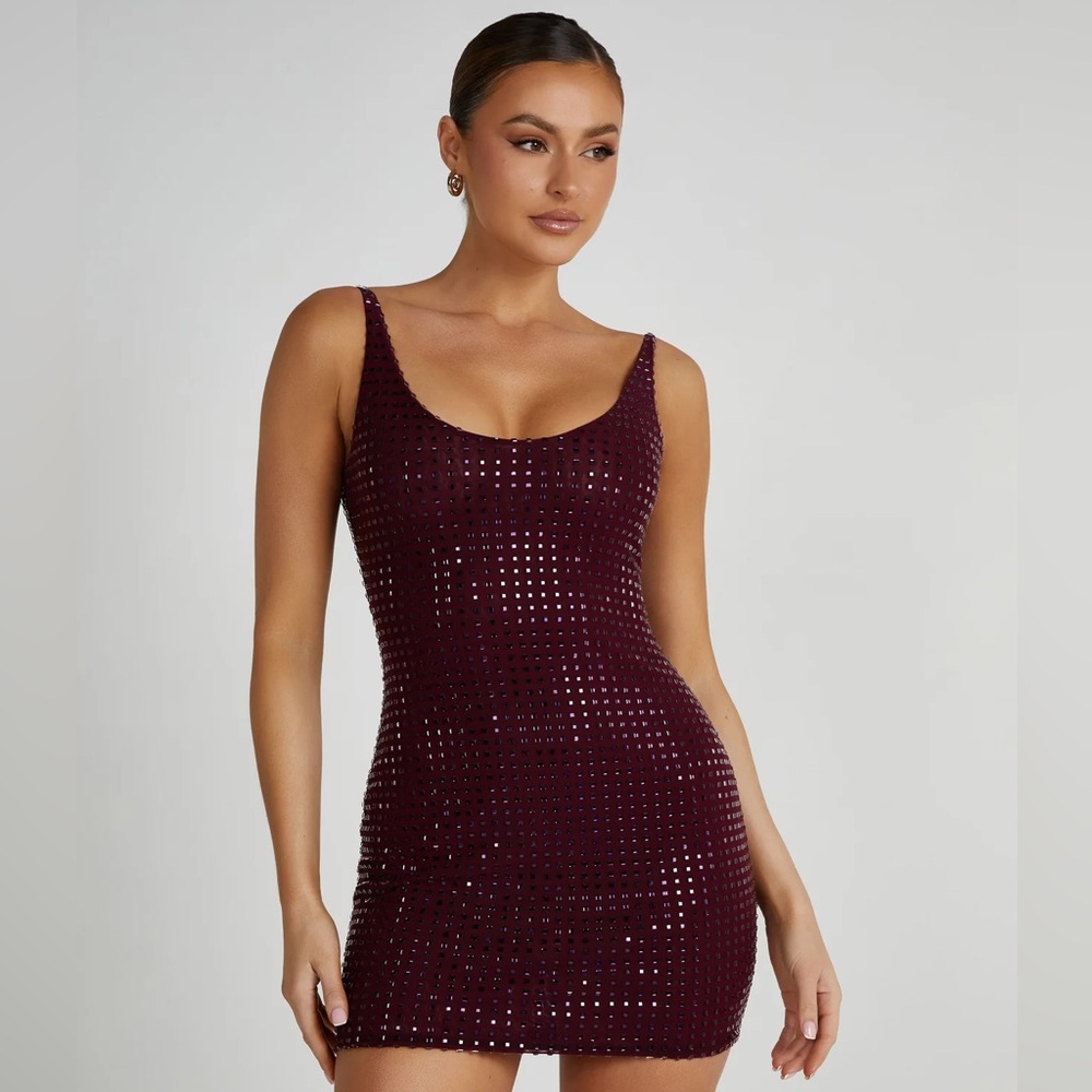 Meshki PRESLEY Square Diamante Mini Dress - Berry